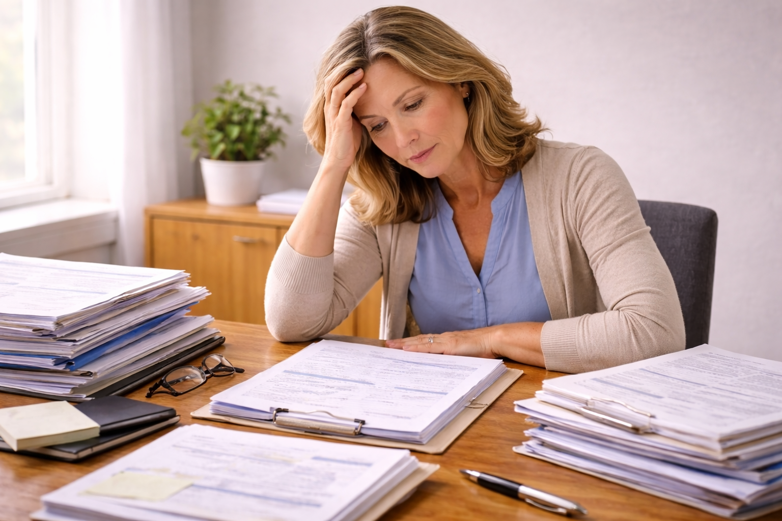 Personne assise devant une pile de documents administratifs, tête appuyée sur la main, expression fatiguée illustrant l’épuisement bureaucratique.