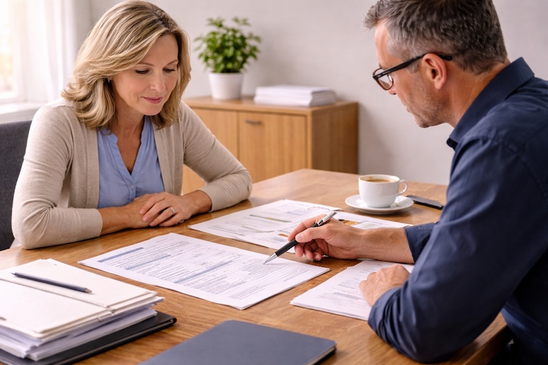 Deux adultes assis face à face dans un bureau, discutant calmement avec des documents ouverts devant eux, illustrant une consultation avant prise de décision.