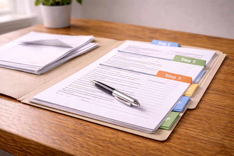 Dossier administratif ouvert avec plusieurs documents séparés en étapes distinctes et stylo posé dessus, illustrant un processus de contestation structuré.