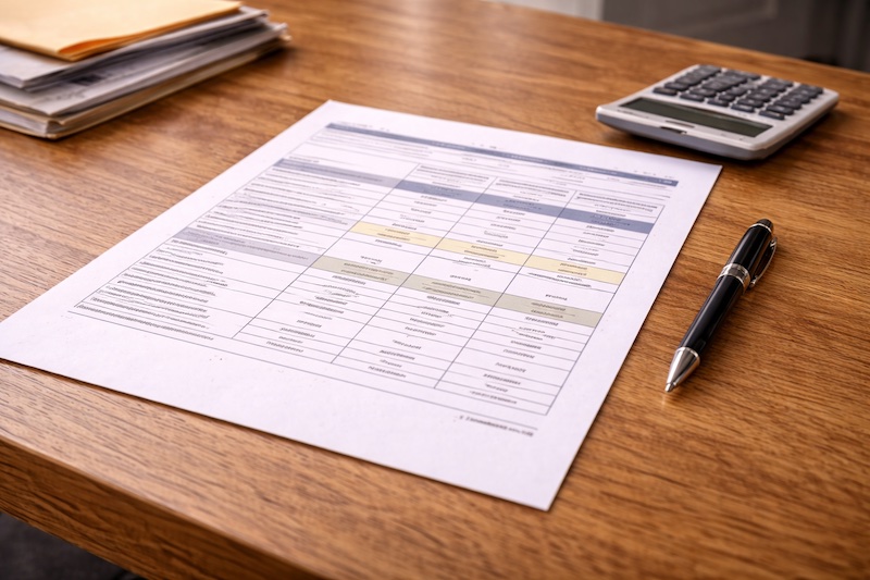 Document administratif structuré avec tableau de revenus et colonnes comparatives posé sur un bureau, illustrant des critères et seuils financiers.