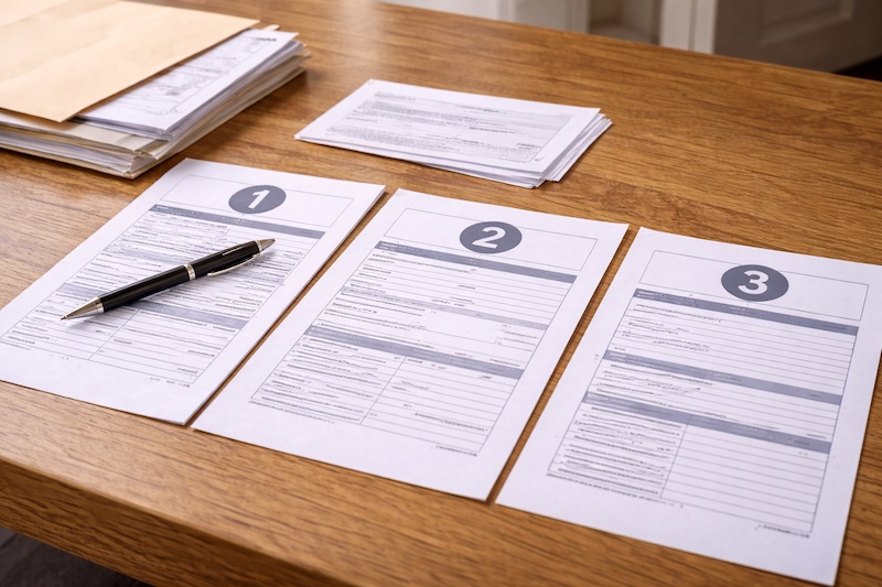 Documents administratifs organisés en étapes numérotées sur un bureau avec stylo et enveloppe, illustrant un processus de demande structuré.