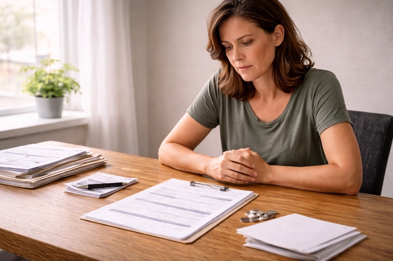 Personne assise seule à une table avec documents administratifs devant elle, regard hésitant et posture introspective, illustrant un dilemme entre fierté personnelle et besoin d’aide.