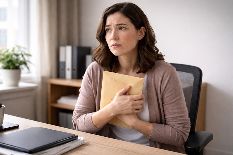 Personne assise seule à un bureau, tenant une enveloppe fermée contre elle, regard hésitant, symbolisant le dilemme entre divulgation d’un diagnostic et confidentialité.