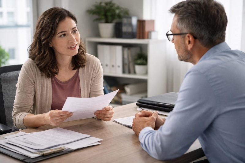 Employée et employeur assis face à face dans un bureau, en discussion calme et sérieuse concernant des accommodements au travail.