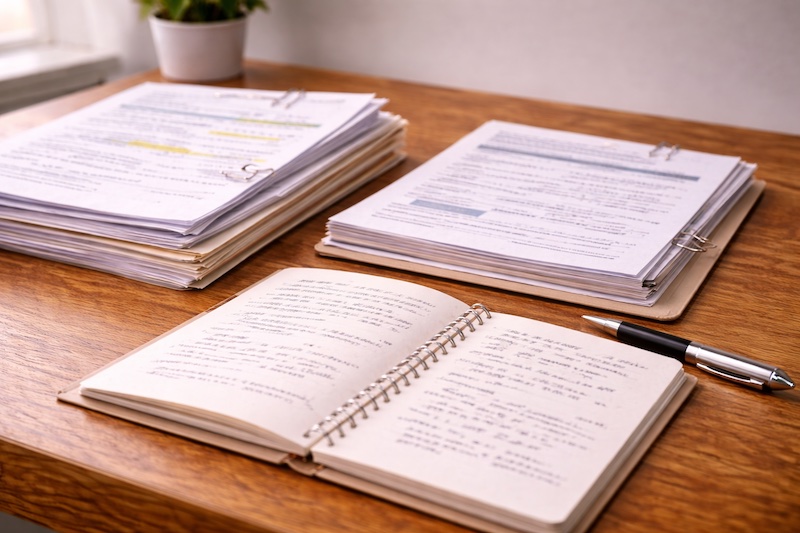Pile de documents classés avec notes manuscrites et pièces justificatives organisées sur un bureau, illustrant une documentation méticuleuse.