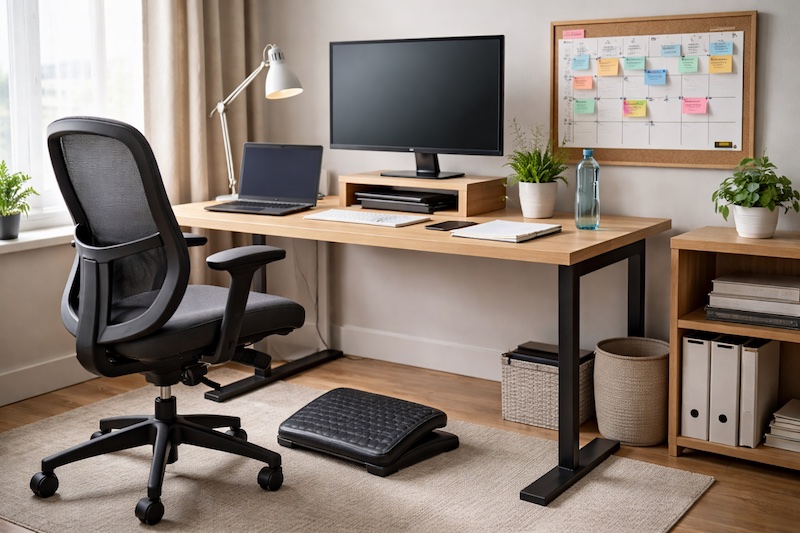 Poste de travail adapté comprenant chaise ergonomique, repose-pieds, horaire flexible affiché et espace organisé pour faciliter le travail.