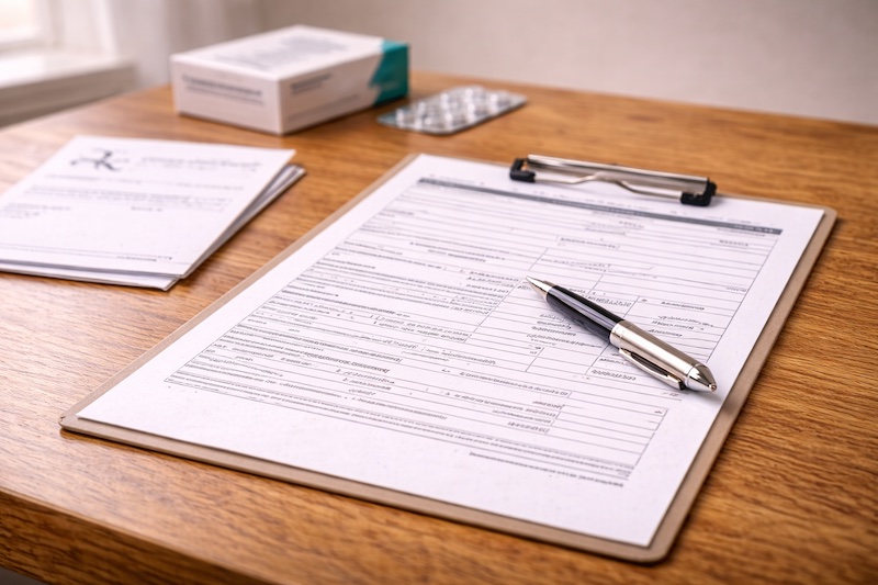 Formulaire médical structuré posé sur un bureau avec ordonnance et stylo, illustrant une demande d’exception pour un médicament non couvert.