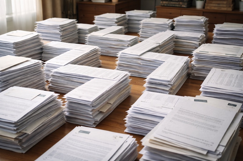Pile de formulaires gouvernementaux empilés sur un bureau, organisés de façon à évoquer un labyrinthe administratif complexe.