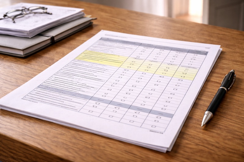 Document structuré avec cases à cocher et sections d’évaluation posé sur un bureau, illustrant une grille d’analyse des activités quotidiennes.