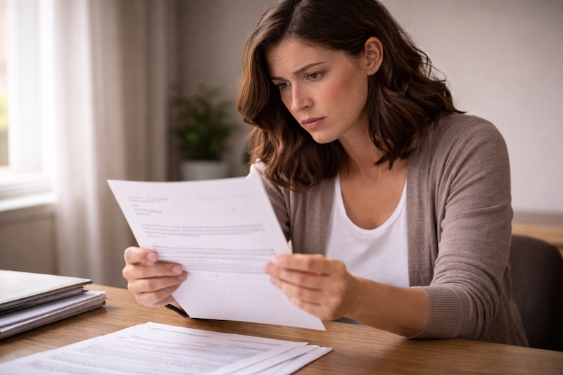 Personne tenant une lettre officielle à la main, épaules tendues et expression de frustration, dans un environnement sobre.