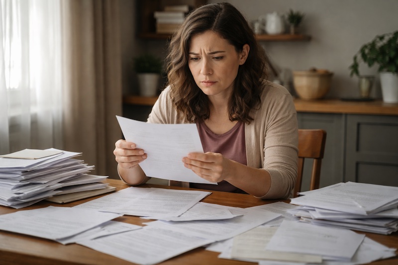 Femme assise à une table entourée de formulaires administratifs et de lettres officielles, l’air dépassé et confuse face à la paperasse.