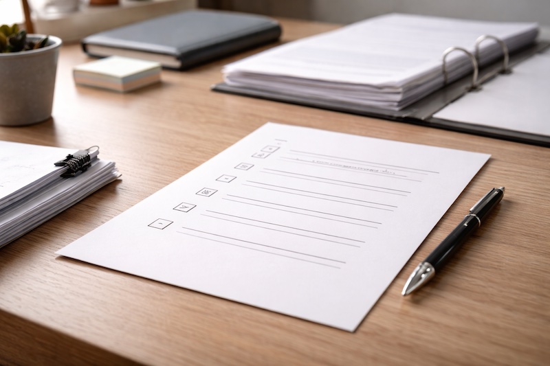 Documents officiels alignés avec stylo et liste d’étapes numérotées, illustrant un processus formel de recours administratif.