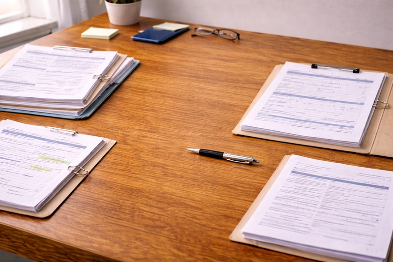 Documents administratifs espacés sur une table avec une zone vide entre eux, symbolisant les lacunes ou zones non couvertes du système.