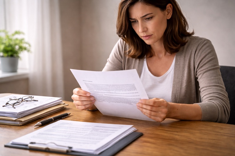 Personne lisant une lettre officielle de refus, expression tendue et préoccupée, dans un environnement neutre.