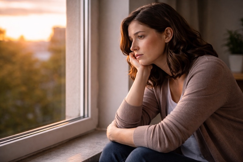 Personne assise seule près d’une fenêtre au coucher du soleil, regard pensif, évoquant un regret après une décision prise trop rapidement.