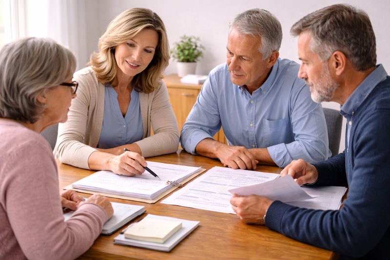 Petit groupe d’adultes assis autour d’une table avec documents ouverts, échangeant et collaborant pour mieux comprendre des démarches administratives.
