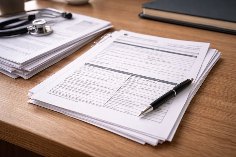 Formulaire officiel posé sur un bureau avec plusieurs pages et documents médicaux annexés, illustrant la complexité d’une demande de rente d’invalidité.