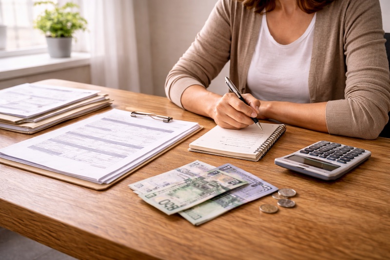 Personne assise à une table avec quelques documents et un budget modeste, lumière douce entrant par la fenêtre, symbolisant un dernier filet de sécurité financière.
