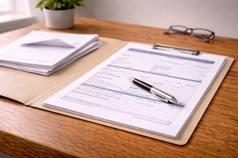 Dossier administratif ouvert avec formulaire de plainte et stylo posé dessus, illustrant un recours formel dans le système de santé.