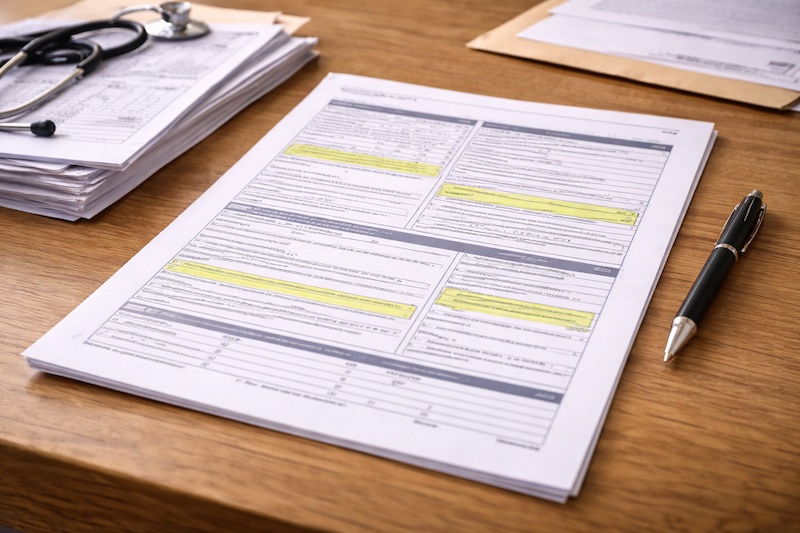 Formulaire fiscal posé sur un bureau avec plusieurs sections et encadrés, illustrant la complexité des critères d’admissibilité.