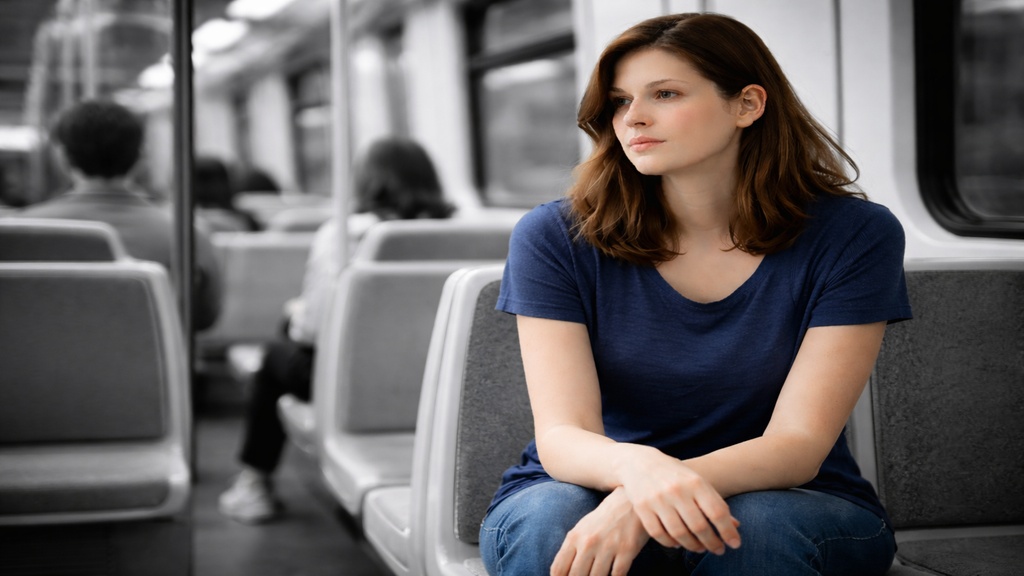Femme assise seule dans un transport en commun, regard posé vers l’avant, environnement en noir et blanc.