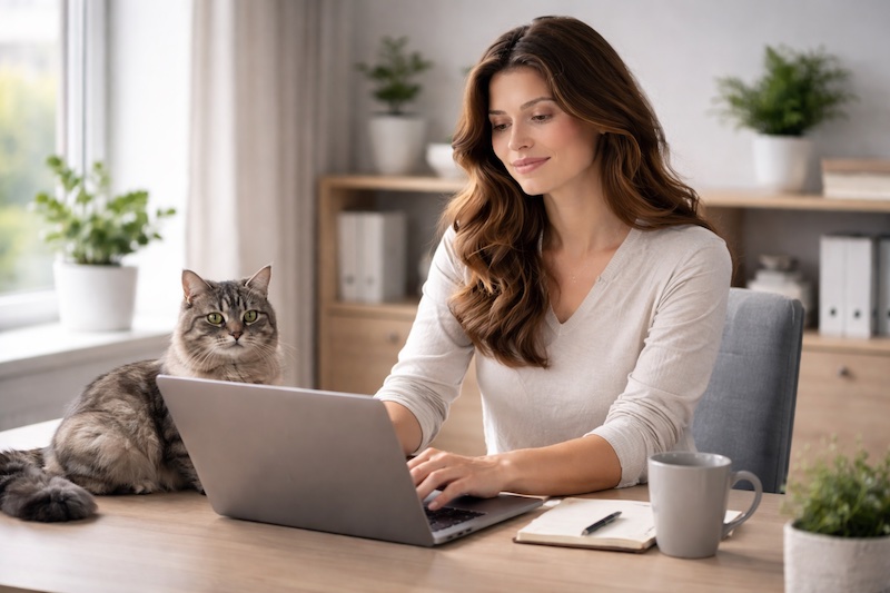 teletravail-serein-sp-chat Femme travaillant chez elle avec un sourire serein, un chat assis sur le bureau à ses côtés, illustrant un équilibre apaisé après la divulgation d’un diagnostic de sclérose en plaques.