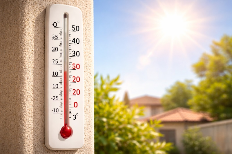 thermometre-exterieur-canicule-sp Thermomètre extérieur indiquant une température élevée sous un soleil intense, illustrant la canicule pouvant aggraver temporairement les symptômes de la sclérose en plaques.