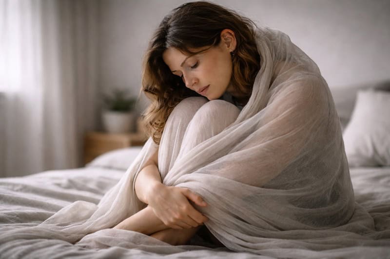 transformation-identite-chrysalide-douloureuse Personne partiellement enveloppée dans un tissu, posture introspective et expression marquée par la transformation intérieure, illustrant une chrysalide identitaire douloureuse et une métamorphose imposée.