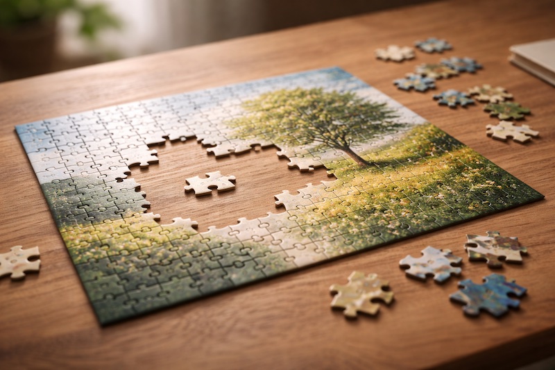 travail-en-cours-inacheve Puzzle partiellement complété posé sur une table, avec plusieurs pièces encore manquantes, symbolisant un travail en cours et l’acceptation de l’inachevé.