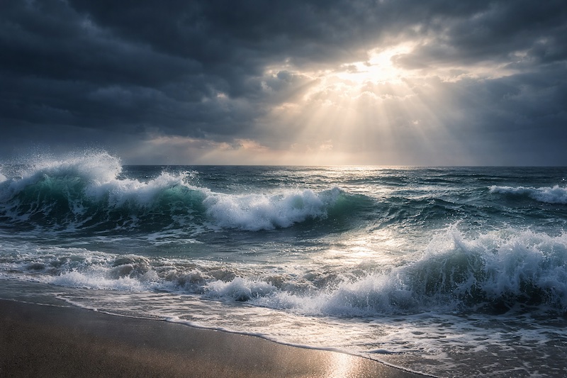 vagues-ocean-espoir-diagnostic-sp Vagues puissantes de l’océan vues depuis la plage sous un ciel sombre traversé par une percée de lumière, illustrant la tempête émotionnelle vécue après un diagnostic de sclérose en plaques et l’espoir possible.