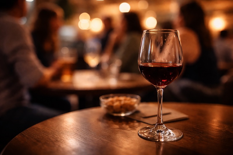 verre-vin-effets-disproportionnes-sp Verre de vin posé sur une table, ambiance de soirée floutée en arrière-plan, suggérant des effets disproportionnés pour une personne vivant avec la sclérose en plaques.