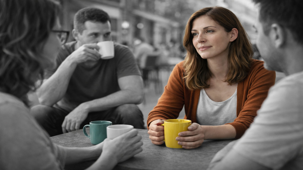 Sophie Martineau, représentée en couleur et assise à une table de café, tient une tasse et écoute calmement ses amis, tandis que les autres personnes et l’environnement sont en noir et blanc, évoquant la vie sociale et les amitiés lorsque la sclérose en plaques est présente.