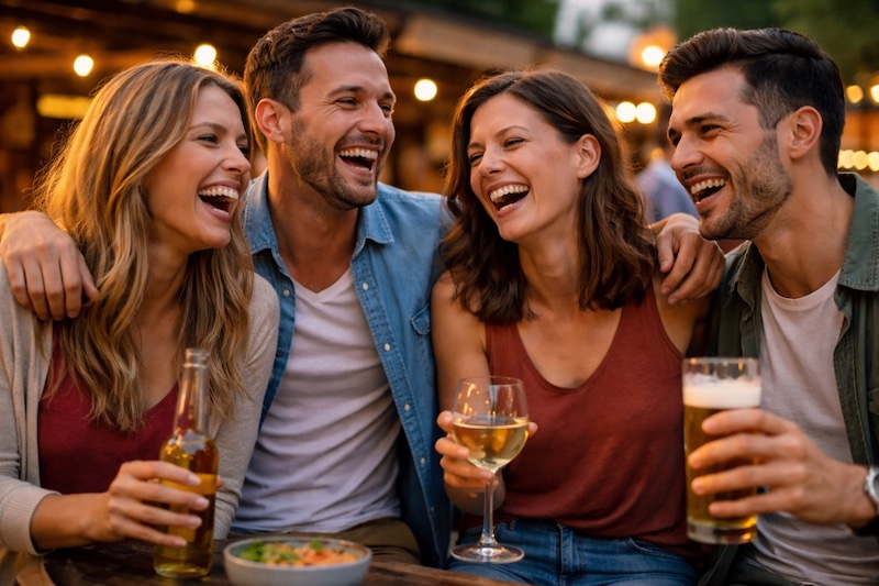 vie-sociale-avant-sp-spontaneite Groupe d’amis riant ensemble lors d’une sortie spontanée en soirée, ambiance insouciante et naturelle, symbole de la vie sociale avant la sclérose en plaques