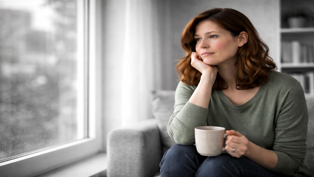 Femme assise près d’une fenêtre, tenant une tasse entre ses mains et regardant vers l’extérieur, dans un intérieur en noir et blanc, illustrant le fait de vivre avec l’incertitude au quotidien dans le contexte de la SP.