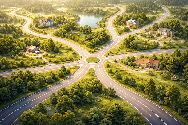 Carte routière montrant plusieurs chemins et destinations possibles, symbolisant les différentes ressources et options disponibles pour les personnes vivant avec la sclérose en plaques.