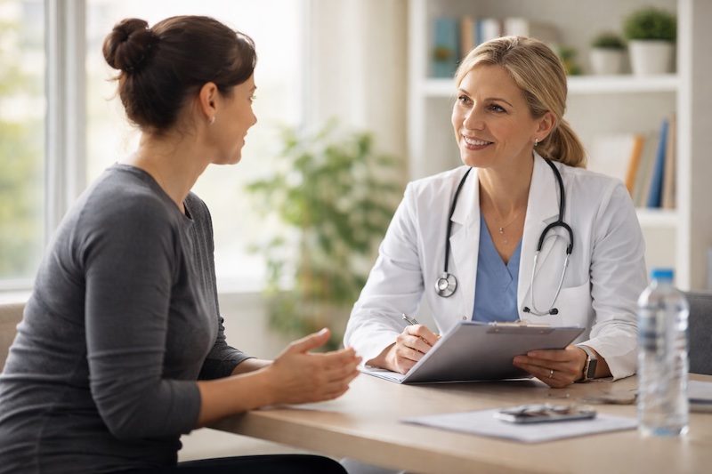 Personne vivant avec la SP en discussion calme avec un professionnel de la santé, dans un environnement rassurant, évoquant un accompagnement personnalisé pour rester actif en toute sécurité.