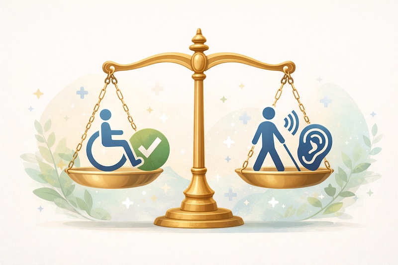 Balance de justice symbolisant l’équité, intégrant des symboles d’accessibilité pour représenter l’égalité des droits et l’inclusion au sein de la communauté SP.