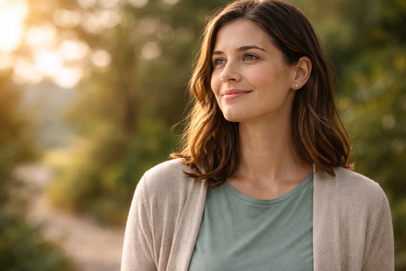 Personne souriante regardant vers l’avenir avec une expression calme et confiante, représentant l’espoir et la projection positive pour les personnes vivant avec la sclérose en plaques.