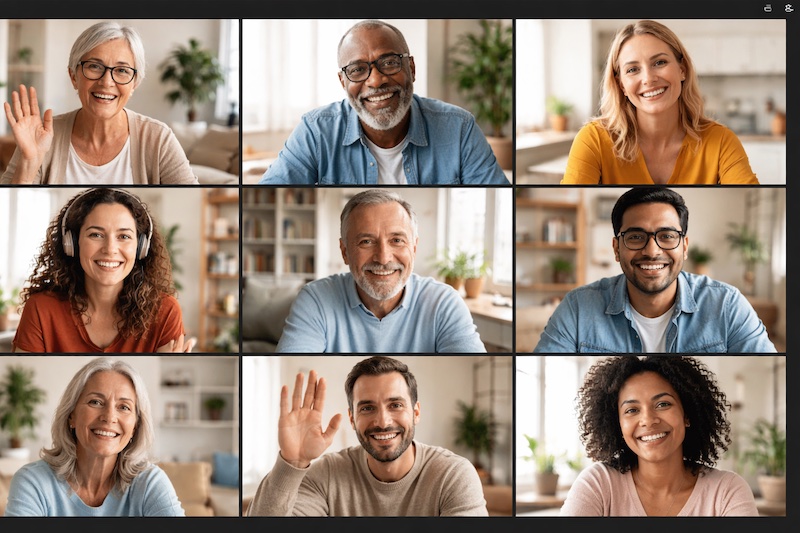 Capture d’écran d’une rencontre virtuelle montrant plusieurs personnes connectées par visioconférence, illustrant la connexion humaine, l’écoute et le soutien à distance au sein de la communauté de Sclérose en Plaques Centre-du-Québec.