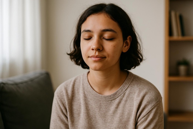 Jeune personne assise calmement, faisant une pause, regard serein et détendu