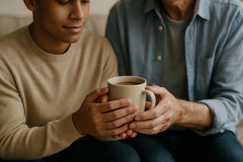 Gros plan de mains tenant une tasse de thé ou de chocolat chaud