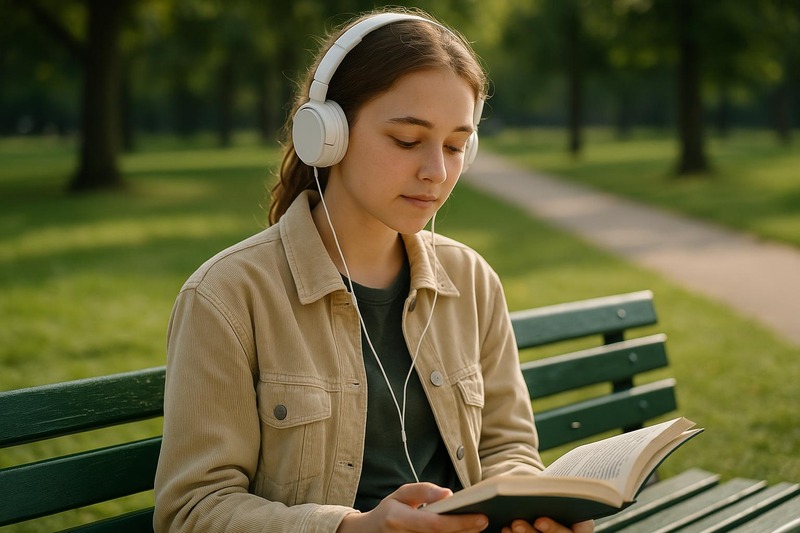 Jeune personne assise dans un parc, écoutant de la musique ou lisant calmement