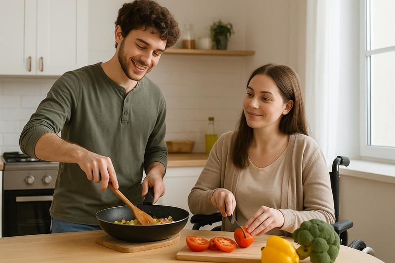 Deux personnes cuisinent ensemble dans une cuisine lumineuse, préparant des ingrédients sur un plan de travail