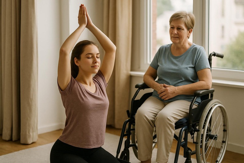 Jeune personne s’étirant en posture de yoga près d’une fenêtre lumineuse