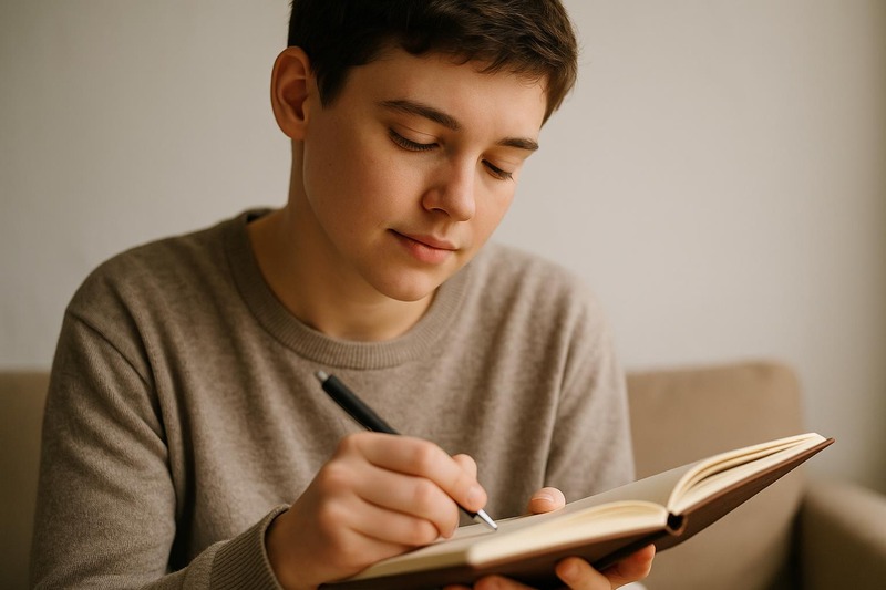 Jeune personne écrivant dans un journal intime, expression concentrée et paisible