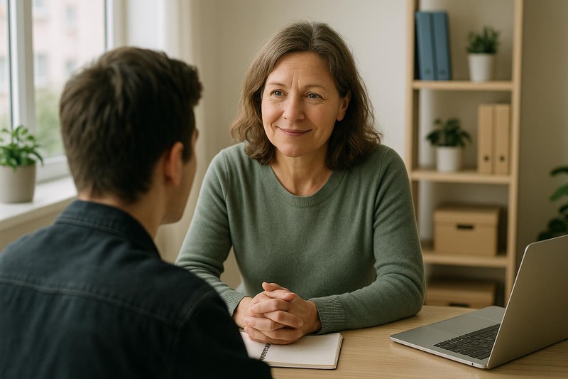 Personne accueillante dans un bureau lumineux, ambiance de soutien professionnel