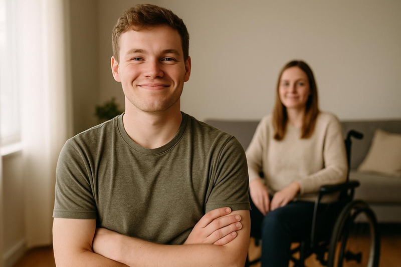 Jeune personne souriante, posture détendue, expression fière et soulagée, mains reposées.
