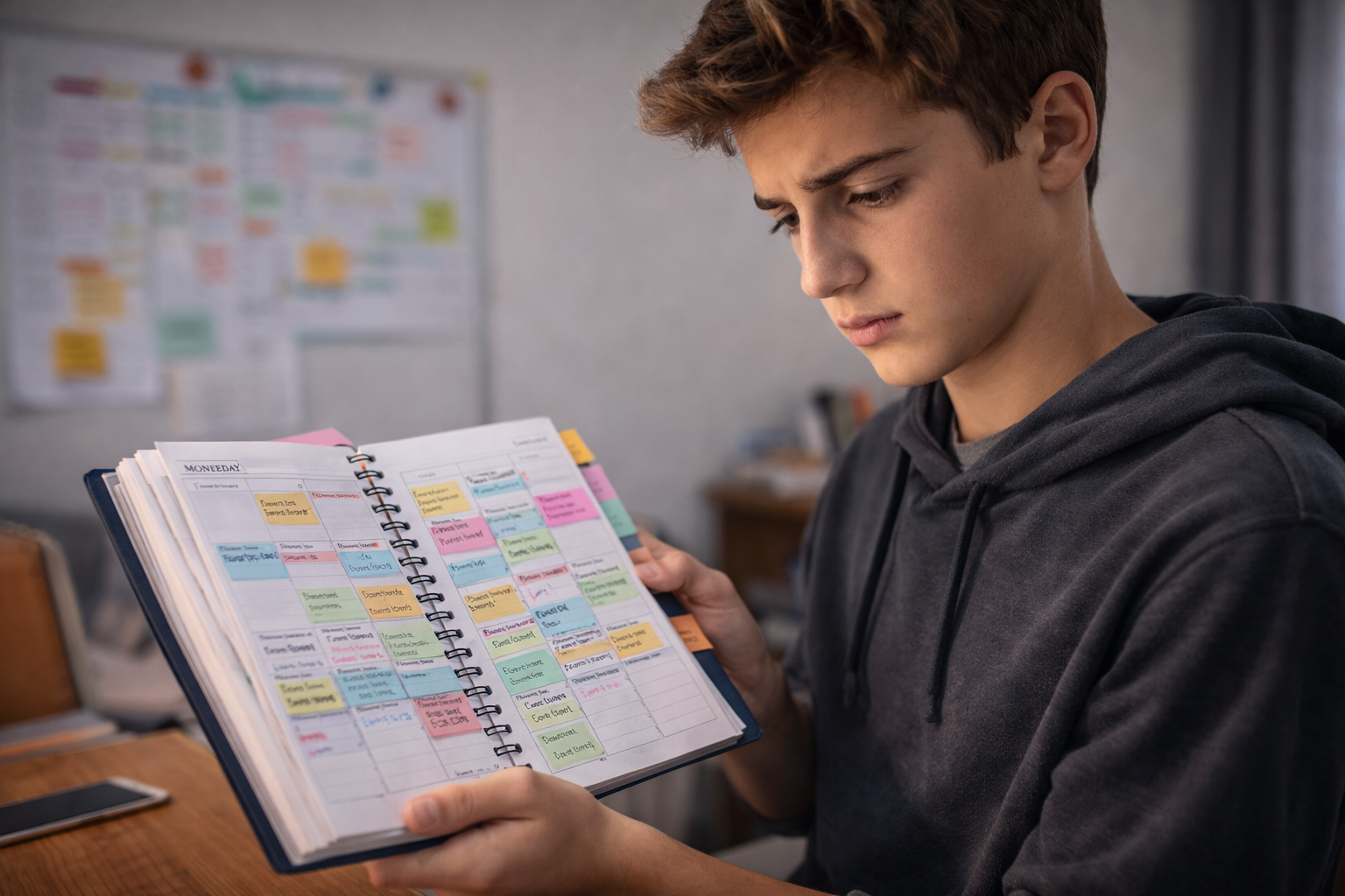 ado-horaire-charge-proche-aidant Adolescent regardant un agenda rempli, expression préoccupée mais déterminée.