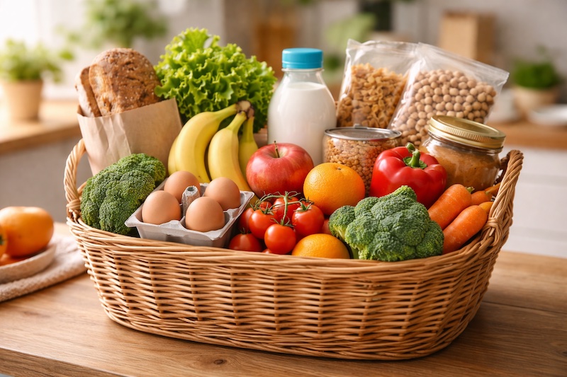 aide-alimentaire-panier-sain Panier rempli d’aliments frais et colorés (fruits, légumes, pain et produits de base), présenté de façon positive et lumineuse, symbolisant l’aide alimentaire accessible aux jeunes proches aidants au Québec.