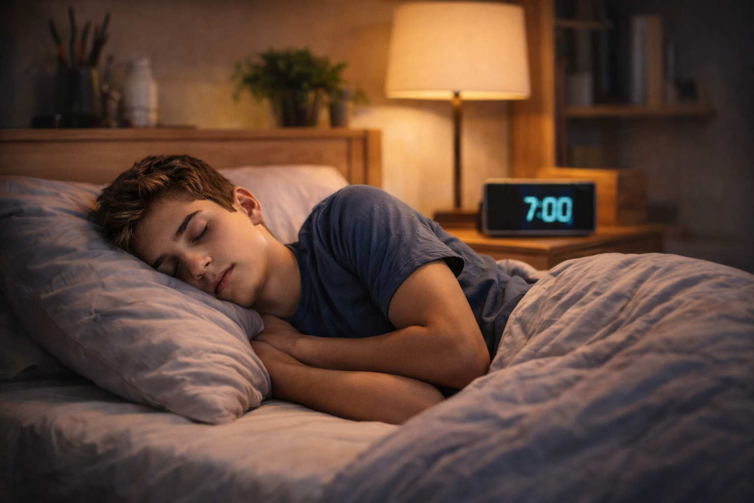 chambre-ado-sommeil-calme Chambre d’adolescent en soirée avec lumière douce et réveil sur la table de nuit, ambiance propice au sommeil.